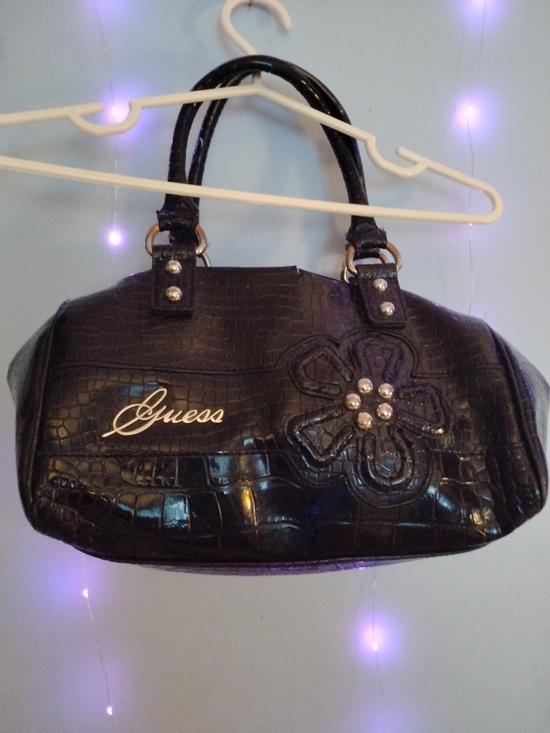 Guess Handbags - Guess Croc-Embossed Black Satchel with Floral Accent